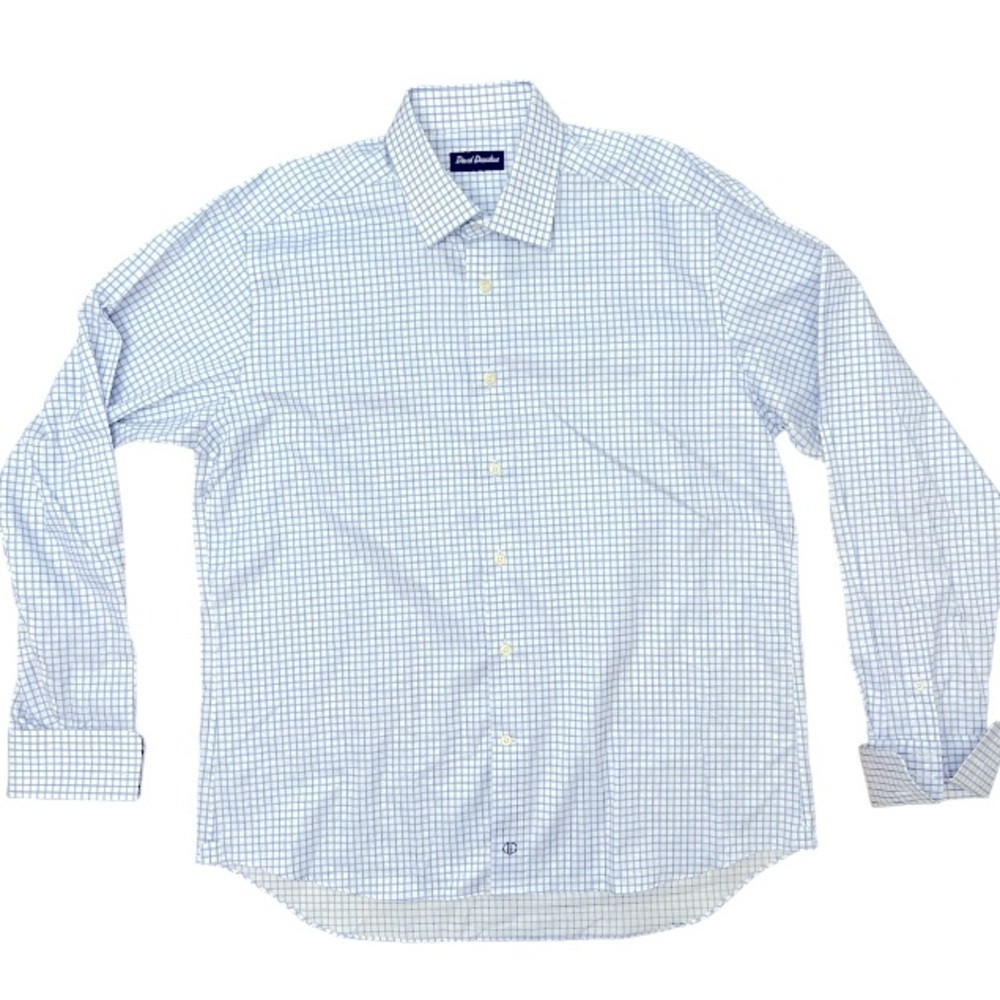 David Donahue Blue White Tattersall Check French Cuff Cotton Dress Shirt Sz 17.5